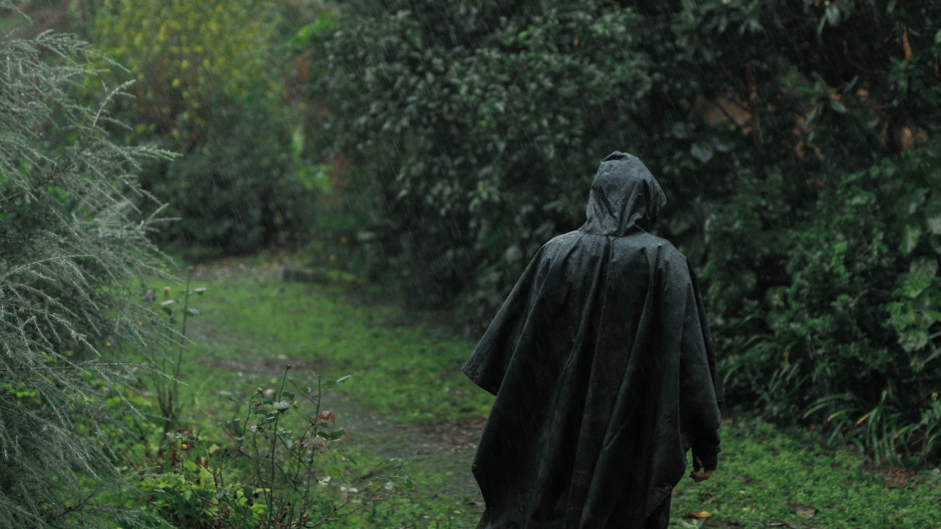 a person in a raincoat walking through a wooded area