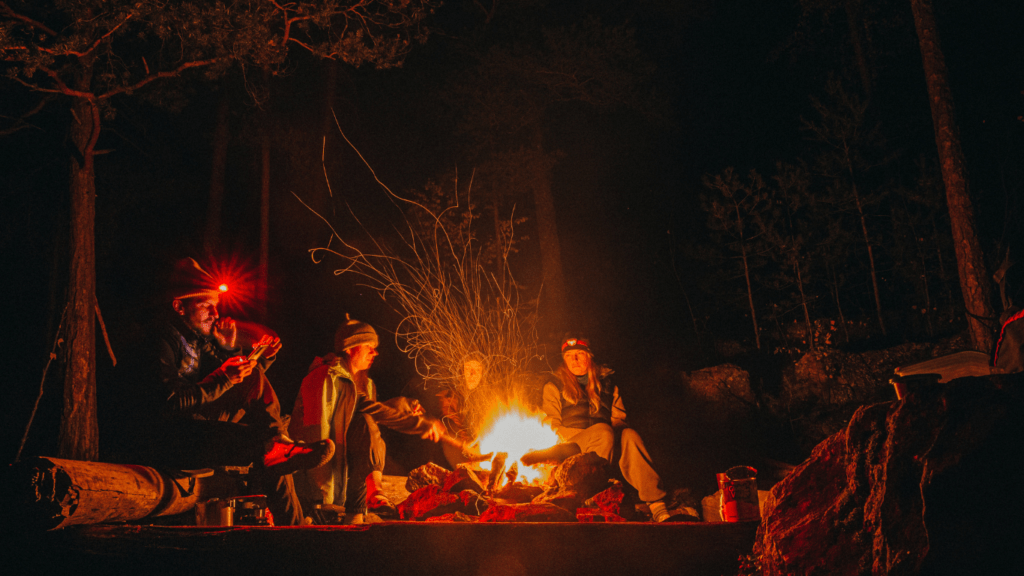 a group of people sitting around a campfire at night