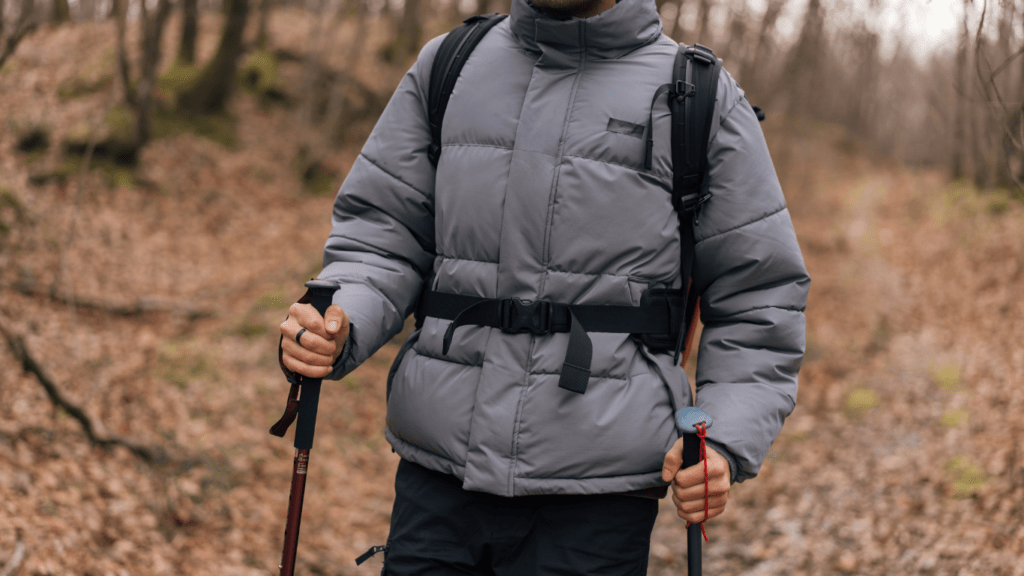 a person wearing a winter jacket and hiking poles in the woods