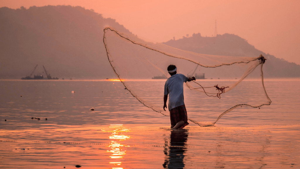 a person in a boat throwing a net into the water at sunset