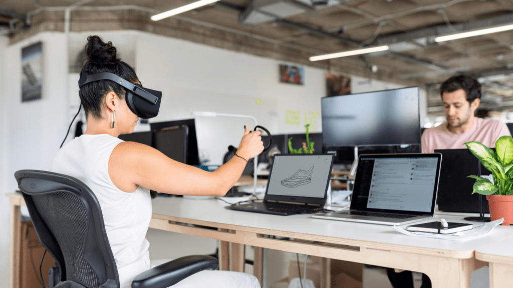 a person wearing a virtual reality headset in an office