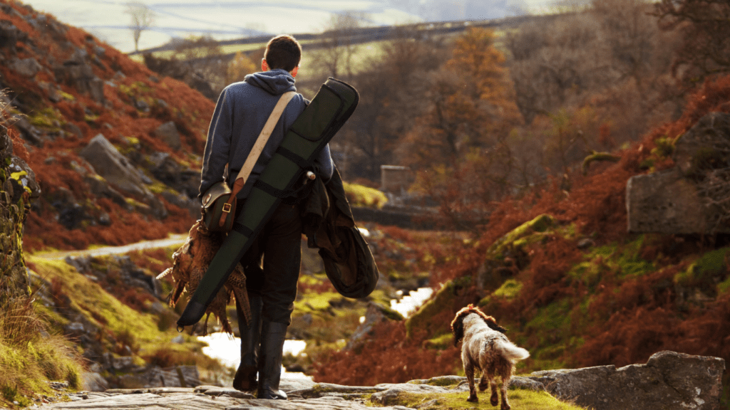 a person with a backpack walking through a forest